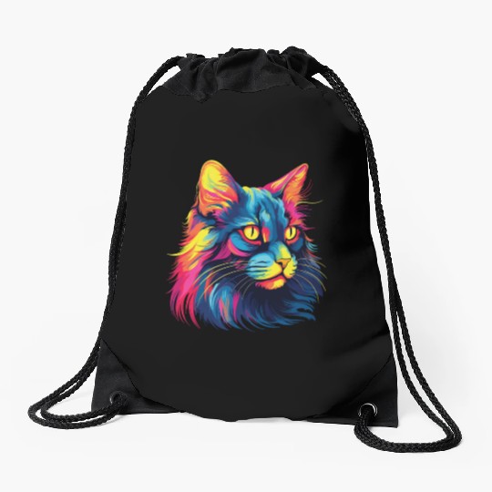 Cat Watercolor Colorful Maine Cat Drawstring Bags