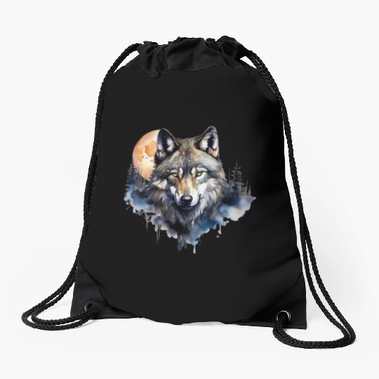 Wolf Portrait Under Full Moon Design Drawstring Bags