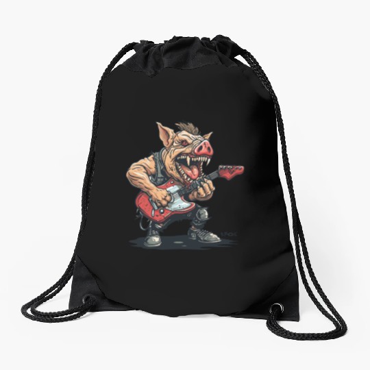 Punk Rock Guitar Pig Drawstring Bags