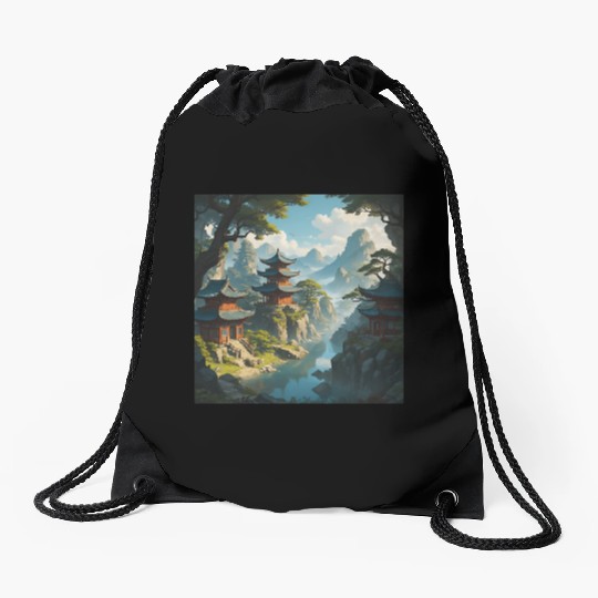 Peaceful Pagoda Drawstring Bags