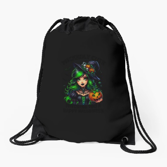 Halloween Wicked Cute Green Witch Drawstring Bags