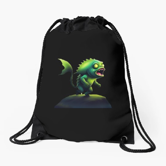 Green Monster Fish Roaring on the Rock Drawstring Bags