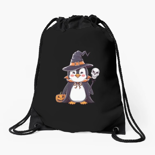 Penguin Halloween Sorcerer with Pumpkin and Skull Drawstring Bags