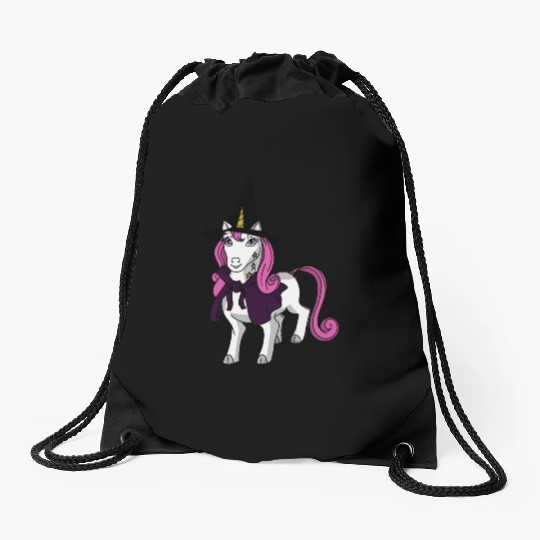 Happy Halloween 2024 unicorn wearing a witch hat Drawstring Bags