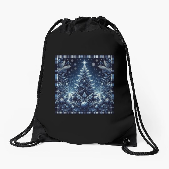 flannel blue and white christmas Drawstring Bags