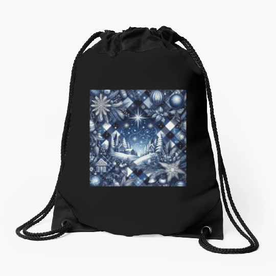 flannel blue and white christmas Drawstring Bags