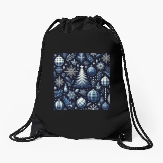 flannel blue and white christmas Drawstring Bags