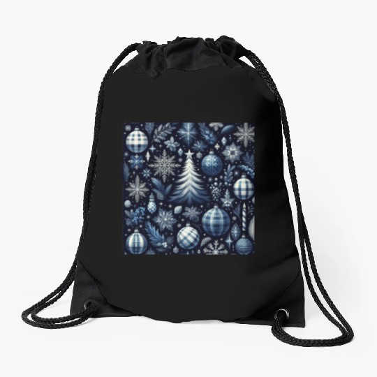 flannel blue and white christmas Drawstring Bags