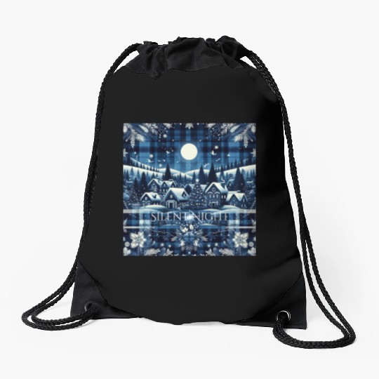 flannel silent night blue and white christmas Drawstring Bags