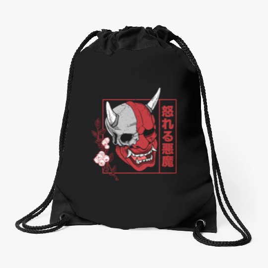 Hannya demon art face Skull devil oni harajuku Drawstring Bags