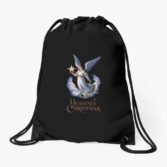 Heavenly Christmas Angel with Star Holiday Art Drawstring Bags