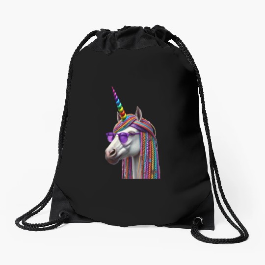 Rainbow Unicorn with Braids and Sunglasses Swag Drawstring Bags