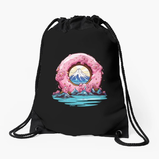 Japan Sakura Blossom Mount Fuji Donut Drawstring Bags