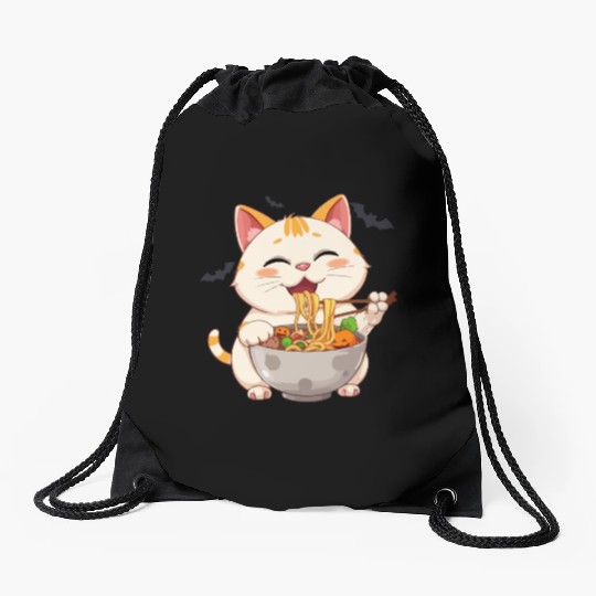 cat ramen Halloween anime kawaii neko eating noodl Drawstring Bags