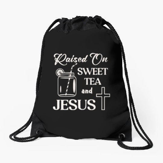 Raised On Sweet Tea And Jesus LIKE US ON FACEBOOK Drawstring Bags