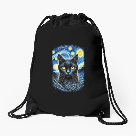Funny Starry Night Black Cat Van Gogh Art Cat Drawstring Bags
