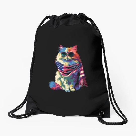 Persian Cat Patriotic US Flag Sunglasses Popart Drawstring Bags