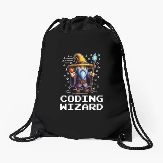 Funny Coding Wizard Pixel Fantasy Coder Magic Drawstring Bags