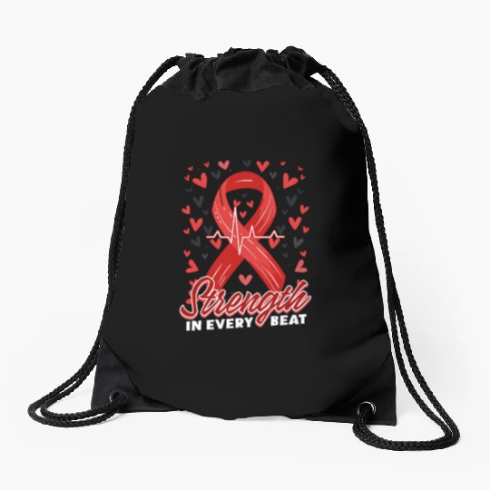 CHD Awareness Strength In Every Beat Drawstring Bags