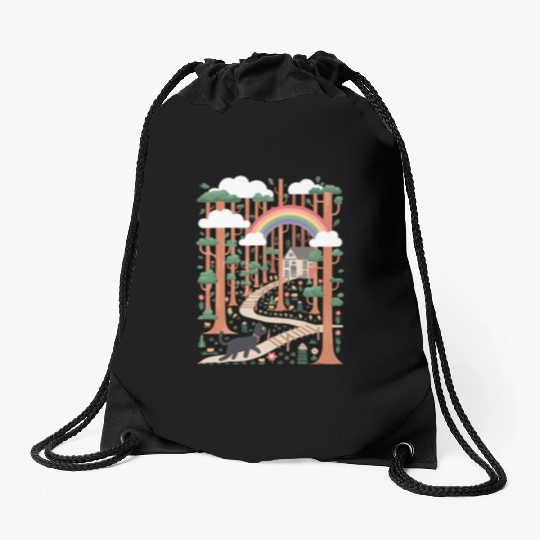 Cottagecore Serene Forest Rainbow Path Drawstring Bags