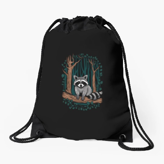 Cottagecore Raccoon in Forest Scene Drawstring Bags