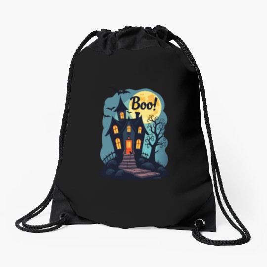 spooky haunted house with a black cat sitting Drawstring Bags