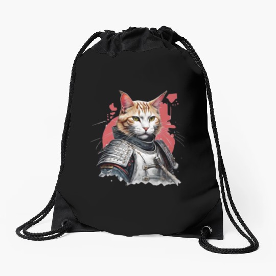 Samurai Cat in Armor Drawstring Bags