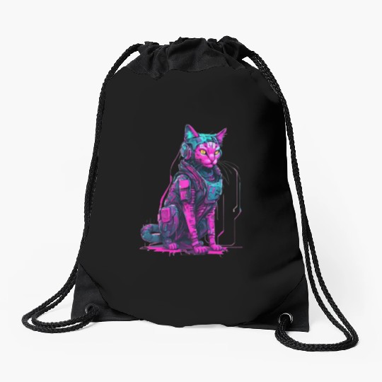 Cyber Warrior Cat Drawstring Bags
