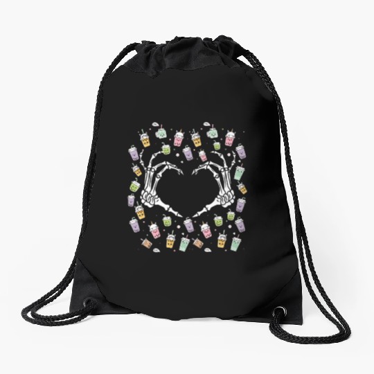 Skeletal Embrace: A Bubble Tea Love Story Drawstring Bags