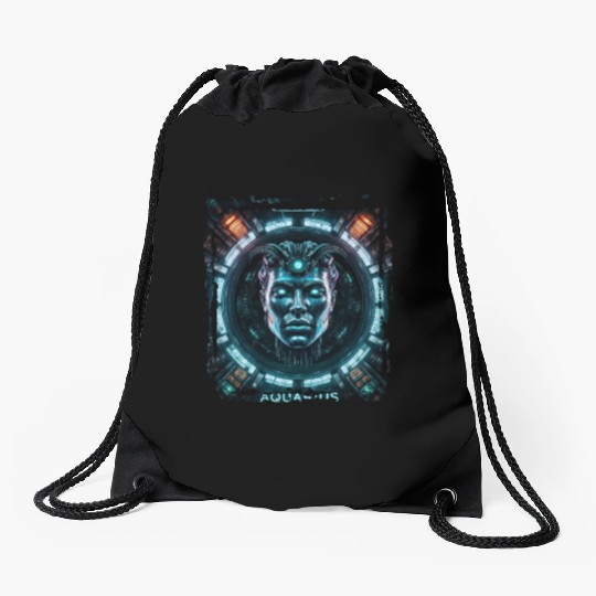 Zodiac sign Aquarius in cyberpunk era Future Drawstring Bags
