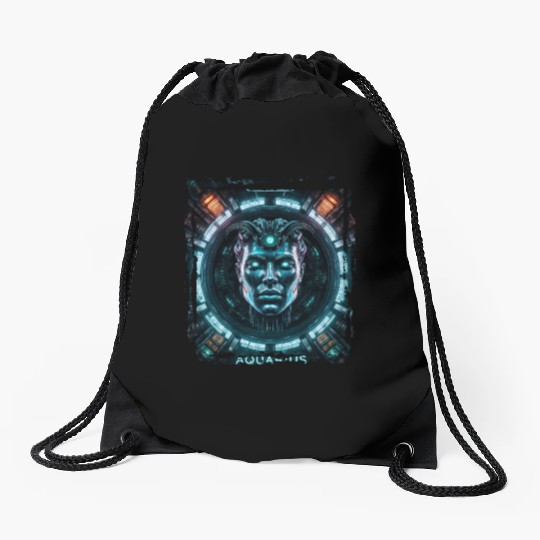 Zodiac sign Aquarius in cyberpunk era Future Drawstring Bags