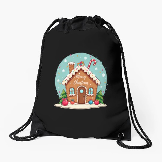 Cute Gingerbread House Merry Christmas Design Drawstring Bags