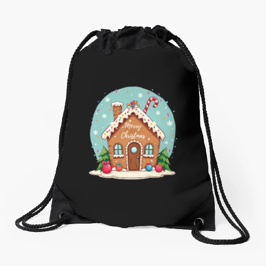 Cute Gingerbread House Merry Christmas Design Drawstring Bags