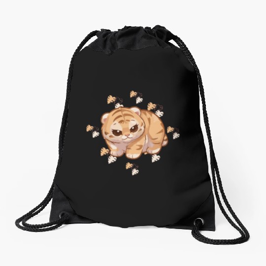 Adorable Tiger Cub with Tropical Leaves Drawstring Bags
