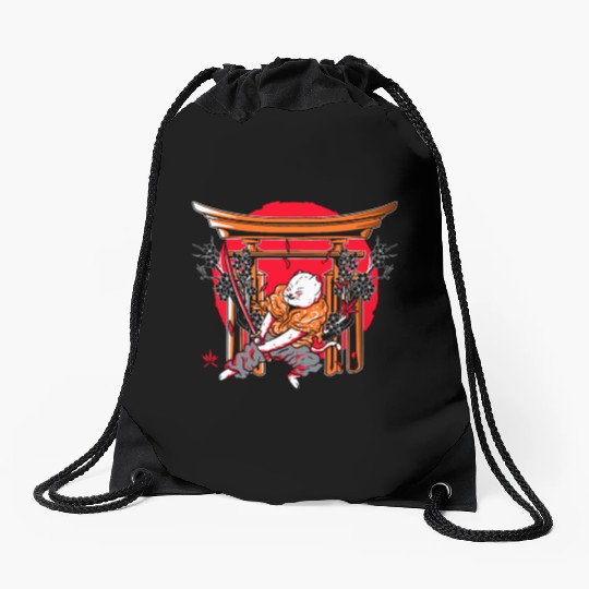 Kanji Japan Katana Ninja Cat Samurai Drawstring Bags