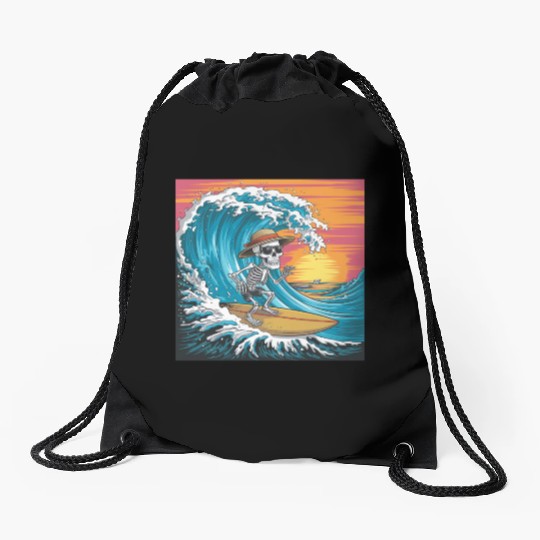 Surfing Skeleton Vibes Surfing Lifestyle Retro Drawstring Bags