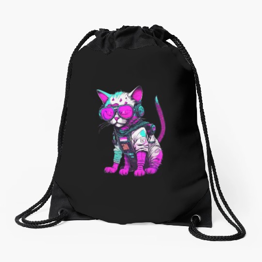 Punk Space Cat with Neon Goggles Drawstring Bags