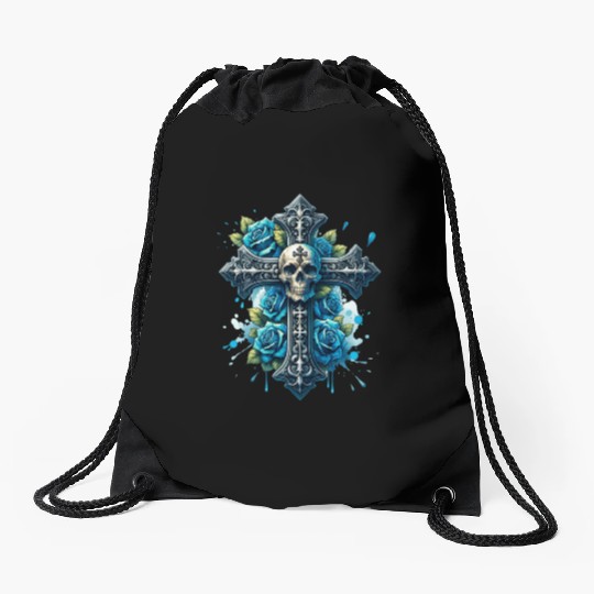 Gothic Collection - Cross, Skull & Blue Roses Drawstring Bags