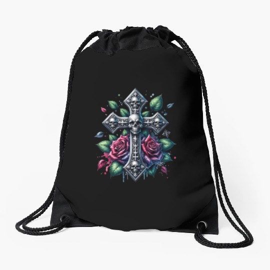Gothic Collection - Cross, Skulls & Red Roses Drawstring Bags