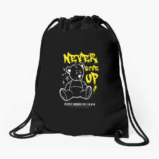 Teddy Bear "Never Give Up" Drawstring Bags