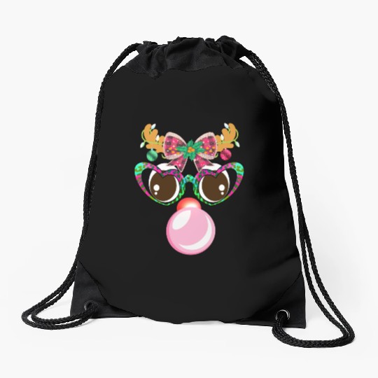 Reindeer face Blowing Bubble coquette bow Xmas Drawstring Bags