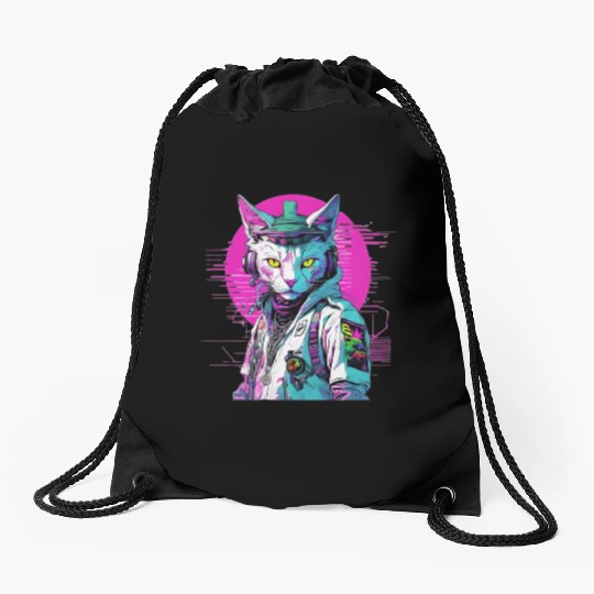 Neon Cyberpunk Warrior Cat Drawstring Bags