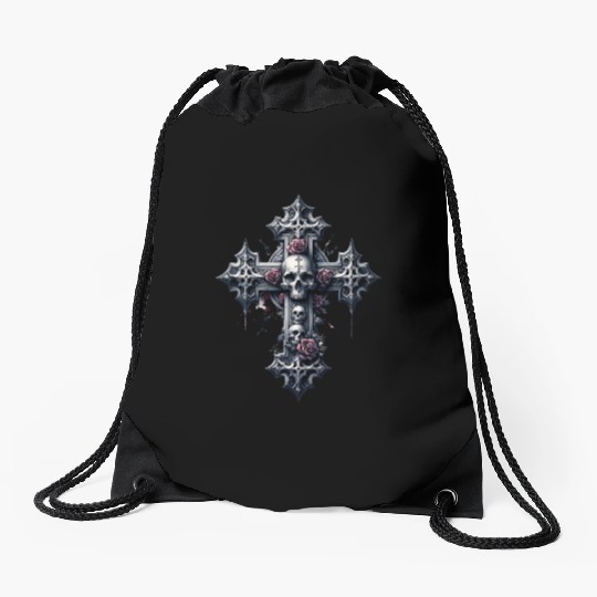 Gothic Cross Collection - Skulls and Red Roses Drawstring Bags