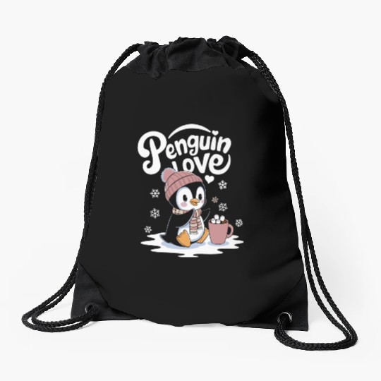 Penguin Love Winter Wonderland Cozy Vibes Drawstring Bags