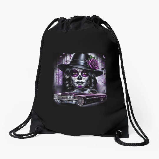 lowrider catrina Sugar skull Drawstring Bags