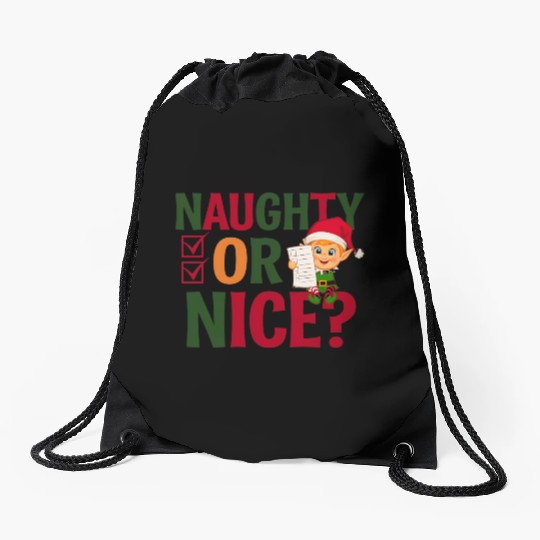 Naughty or Nice Elf Checklist Christmas Fun Drawstring Bags
