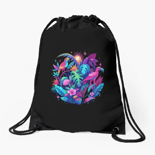 Neon Tropical Jungle at Night – Bright Pink Leaves Drawstring Bags