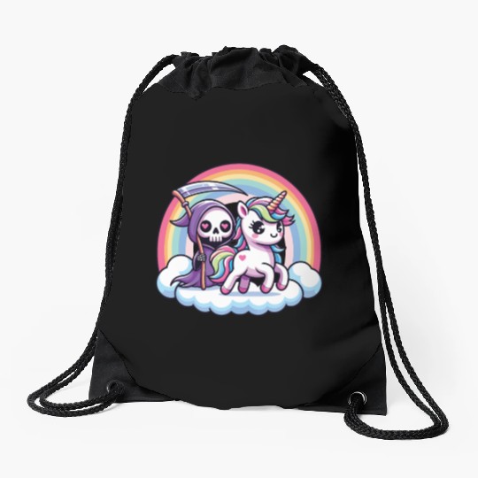 Cute Reaper And Unicorn Rainbow Drawstring Bags