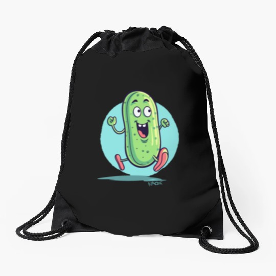 A Happy Running Pickle Drawstring Bags