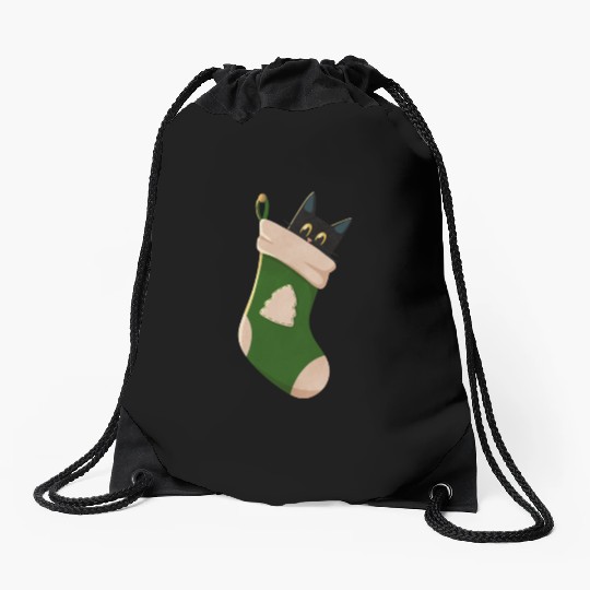 Black cat in Christmas stocking Drawstring Bags
